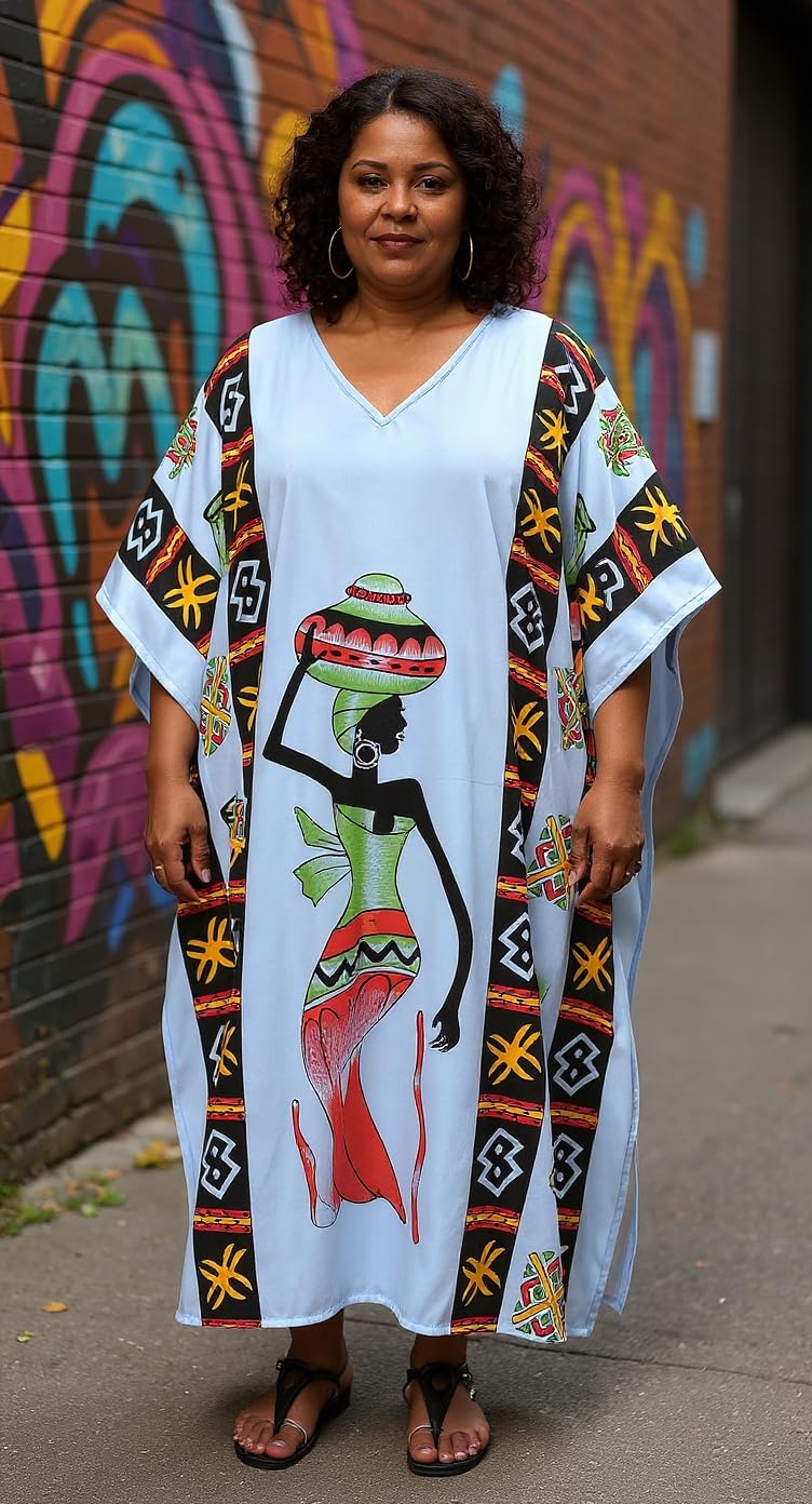 Oussum Plus Size Kaftan for Women Polyester Summer Caftan Swimwear Cover Ups Maxi Beach Dress (Light Blue Kaftan) - Image 2